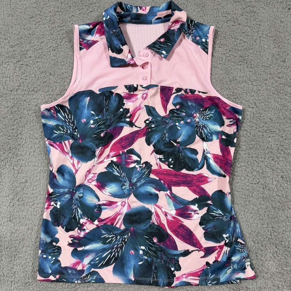 Fila Women Golf Top Pink Floral Pattern Collar Stretch Logo Activewear Large